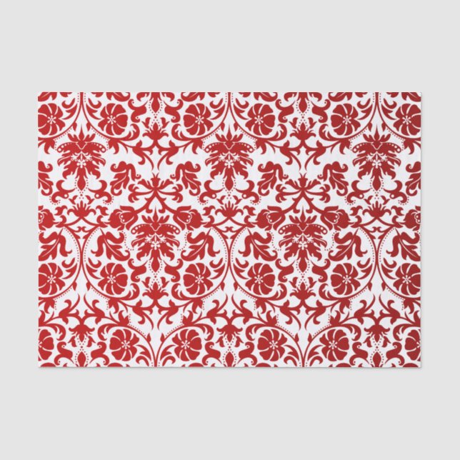 Papier Mousseline Damassé florale rouge foncé et blanche (Recto)