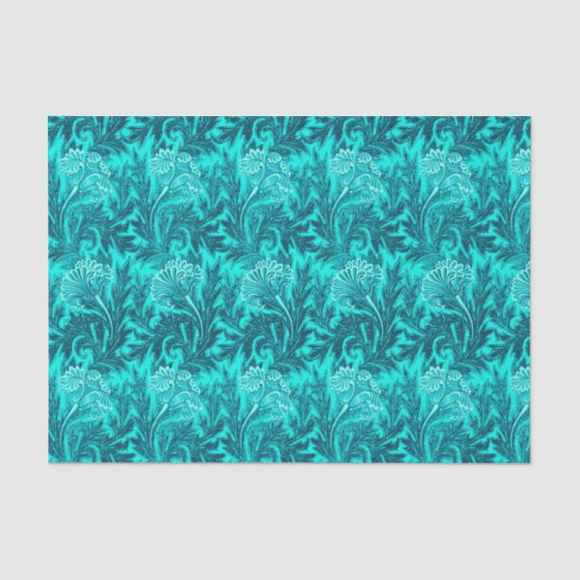 Papier Mousseline Damassé Jacobean de fleur, turquoise et bleu (Recto)
