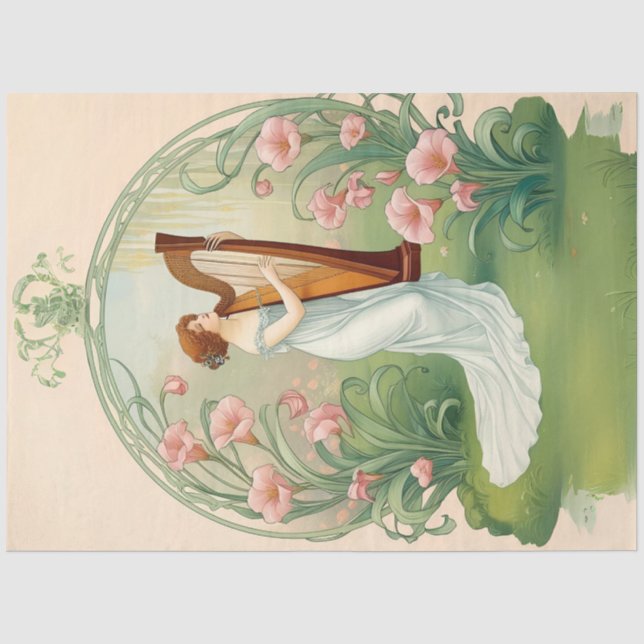 Papier Mousseline Dame Art Nouveau Avec Papier Découpage Harpe (Recto)