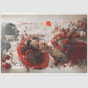 Papier Mousseline Dame japonaise en Kimono rouge découpage