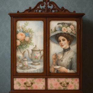 Papier Mousseline Dame victorienne au goûter avec chapeau à fleurs