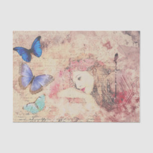 Papier Mousseline Dame Vintage et Papillons Ephemera Découpage