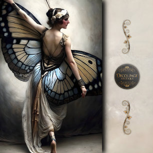 Papier Mousseline Danseuse Papillon en Découpage Crème et Bleu