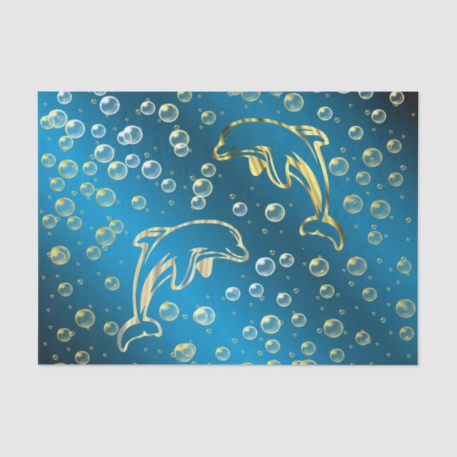 Papier Mousseline dauphins dorés avec gouttes d'eau dorées (Recto)
