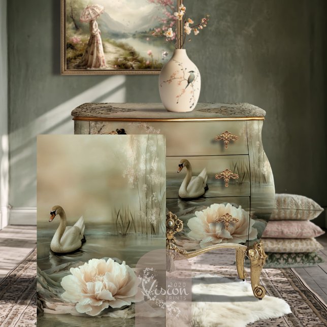 Papier Mousseline De bonne grâce Swan & Floral lake (De bonne grâce Romantic Swan Ethereal Lake Fantasy decoupage tissue paper.)