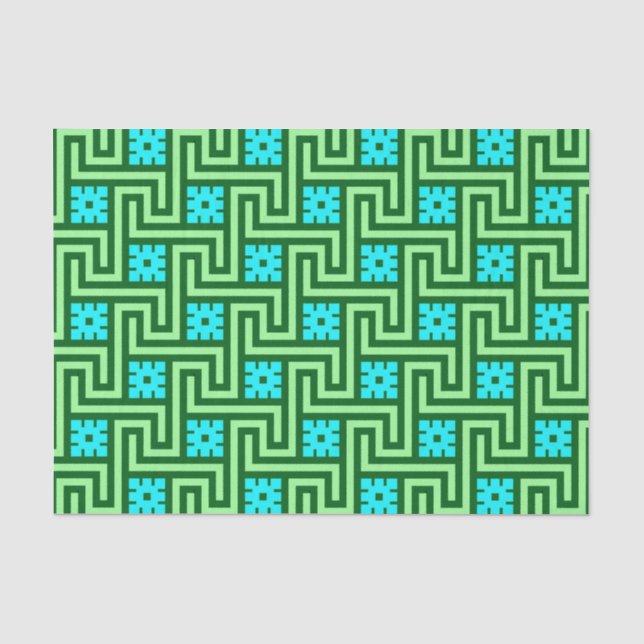 Papier Mousseline Déco clé grecque, turquoise et Jade vert (Recto)