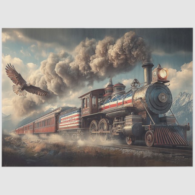 Papier Mousseline Decoupage American Locomotive With Flag & Eagle (Recto)