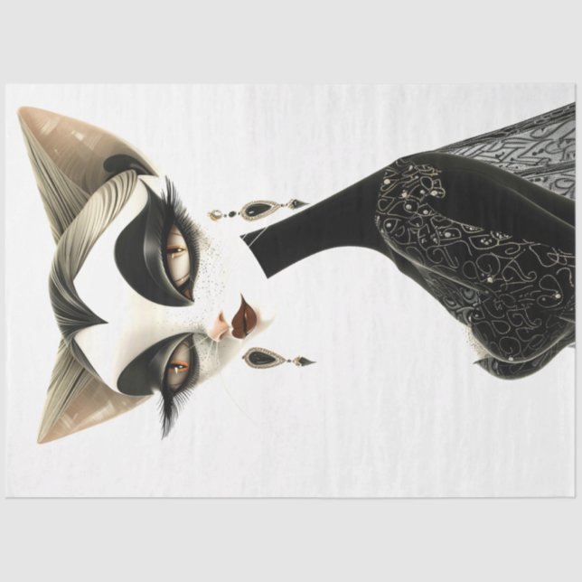 Papier Mousseline Découpage Art déco noir blanc Feline (Recto)