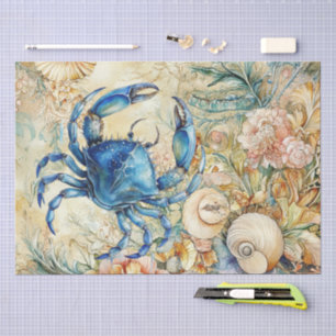 Papier Mousseline Découpage Beachy Pastel Crabe Bleu & Coquillages