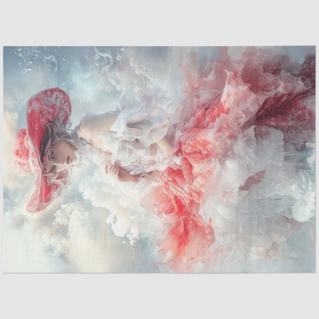 Papier Mousseline Découpage Belle Femme Robe Rouge Blanc Nuage (Recto)