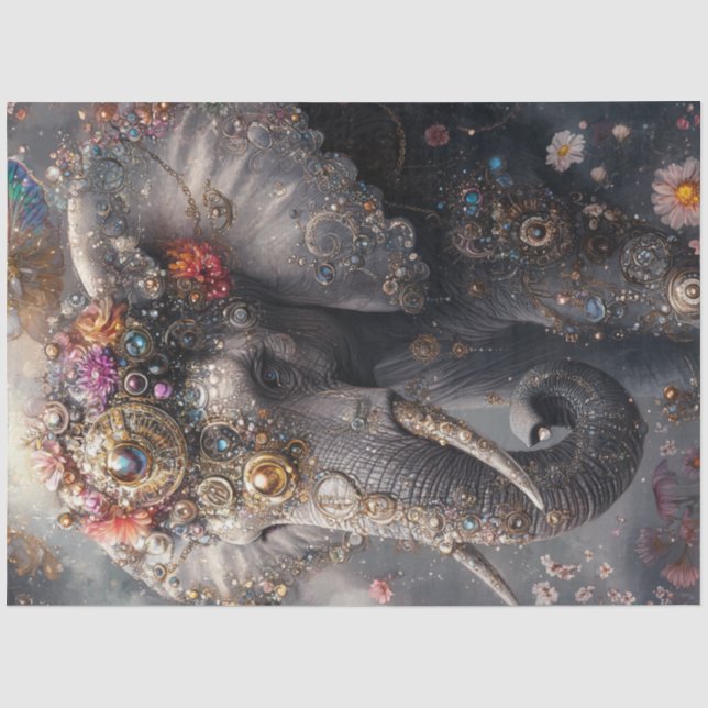 Papier Mousseline Découpage Bijoux d'éléphants fantaisie ornés (Recto)