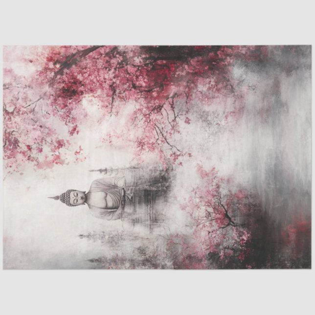 Papier Mousseline Découpage Bouddha Statue Cerisiers Fleurs Arbres (Recto)