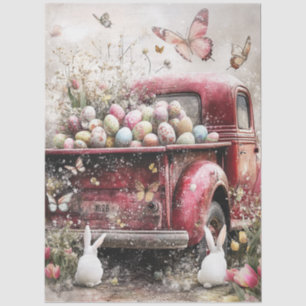 Papier Mousseline Decoupage Camion Rouge Lapins Oeufs Printemps Pâqu