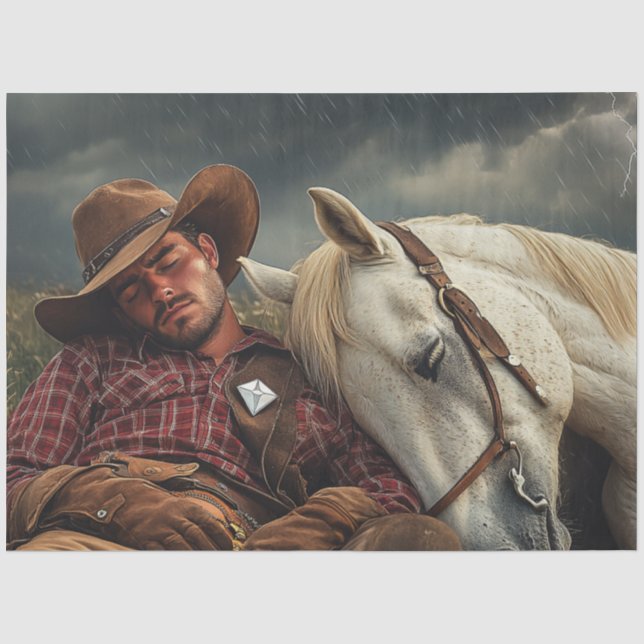 Papier Mousseline Découpage Champ Cheval Cowboy Avant La Tempête (Recto)