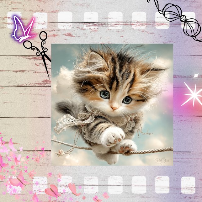 Papier Mousseline Découpage Chaton lunatique Équilibrage sur Fil Hau (Créateur téléchargé)