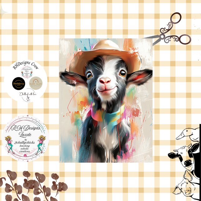 Papier Mousseline Découpage Chèvre Whimsical Cowboy Casquette Aquare (Créateur téléchargé)