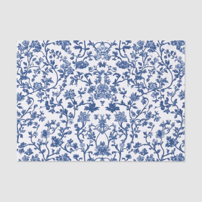 Papier Mousseline Découpage Chinoiserie Bleu Floral (Recto)