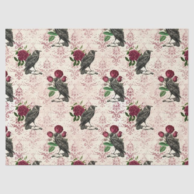 Papier Mousseline Découpage Corbeau et Rose Damas (Recto)
