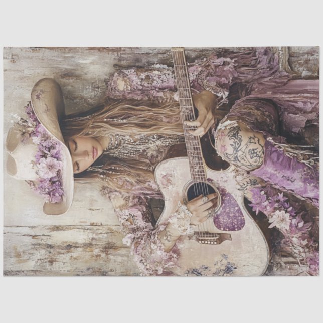 Papier Mousseline Découpage Country Girl Guitar Singer Lilac Robe (Recto)