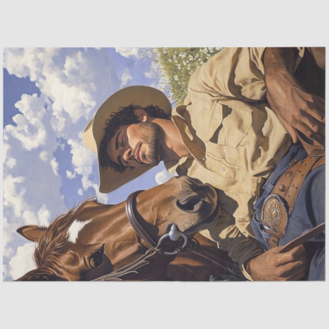 Papier Mousseline Découpage Cowboy & Cheval Repose Champ ensoleillé  (Recto)