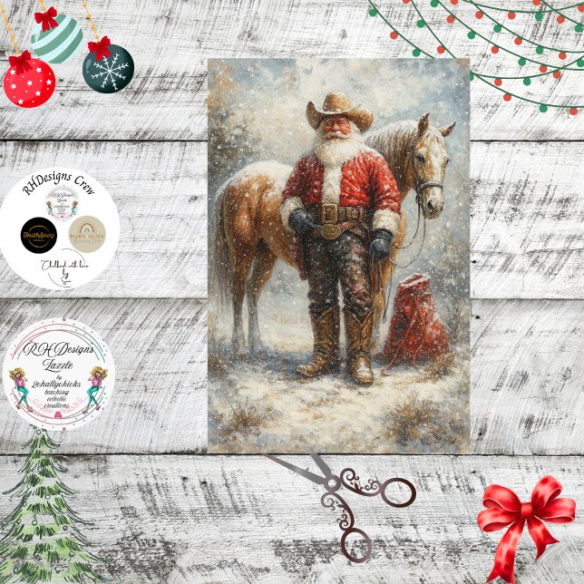 Papier Mousseline Decoupage Cowboy Santa Horse Winter Scene (Créateur téléchargé)