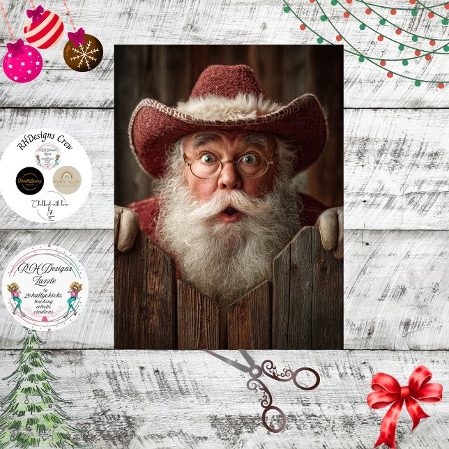 Papier Mousseline Decoupage Cowboy Santa Peeking Rustic Fence  (Créateur téléchargé)