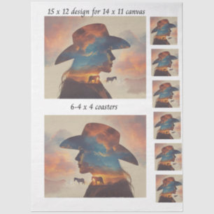 Papier Mousseline Découpage Cowgirl Silhouette Toile de 11x14 Sous-v