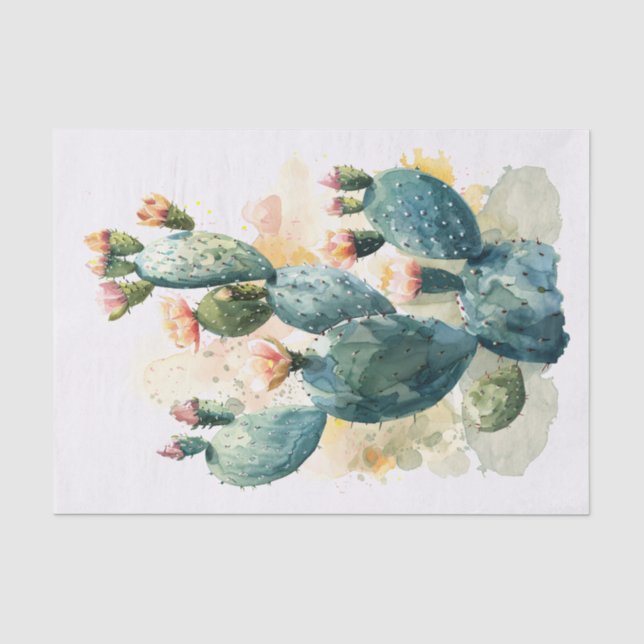 Papier Mousseline Découpage de cactus aquarelle et de fleurs roses (Recto)