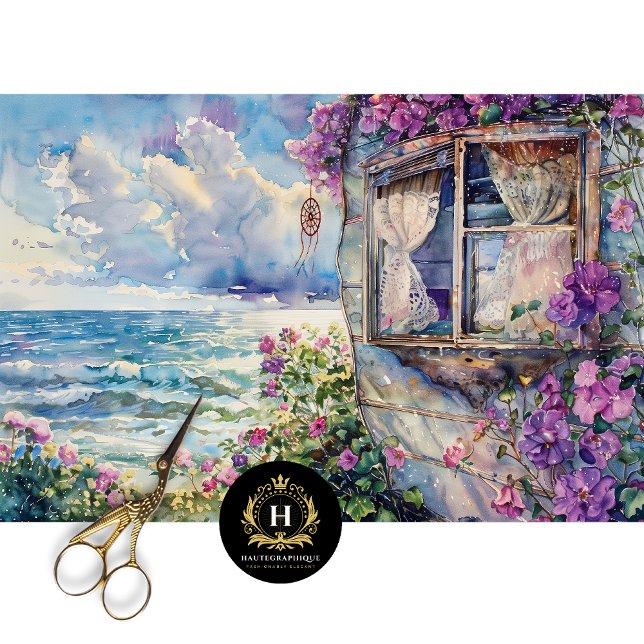Papier Mousseline Découpage de caravane côtière bohème à l'aquarelle (Créateur téléchargé)