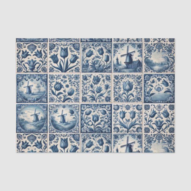 Papier Mousseline Découpage de carreaux Delft Bleu et Blanc (Recto)