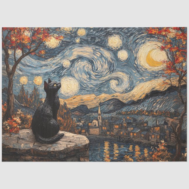 Papier Mousseline Découpage de chat de nuit étoilé (Recto)