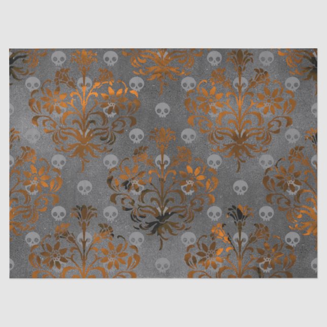 Papier Mousseline Découpage de Damas et de crânes oranges métallique (Recto)