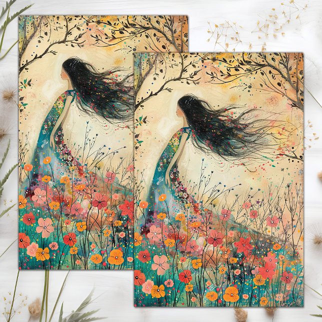 PAPIER MOUSSELINE DÉCOUPAGE DE FILLE FLEURIE BOHO (BOHO FLOWER GIRL DECOUPAGE TISSUE PAPER)