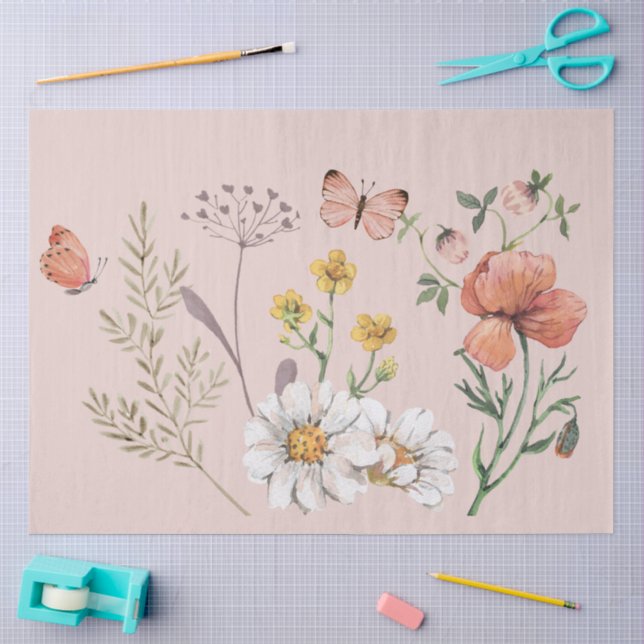 Papier Mousseline Découpage de fleurs sauvages rose pêche rose tendr (Artisanat)