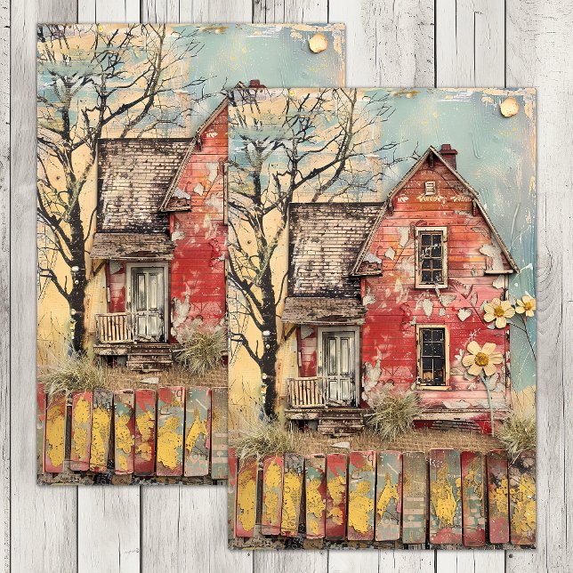 PAPIER MOUSSELINE DÉCOUPAGE DE MÉDIAS MIXTES SHABBY RED FARMHOUSE (SHABBY RED FARMHOUSE MIXED MEDIA DECOUPAGE TISSUE PAPER)