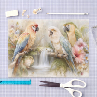 Papier Mousseline Découpage de perroquets tropicaux avec cascade