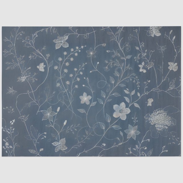 Papier Mousseline Découpage Denim et Fleurs minuscules blanches (Recto)