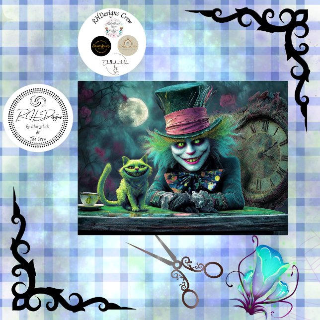 Papier Mousseline Decoupage Fantasy Tea Party Alice Wonderland Cat (Créateur téléchargé)