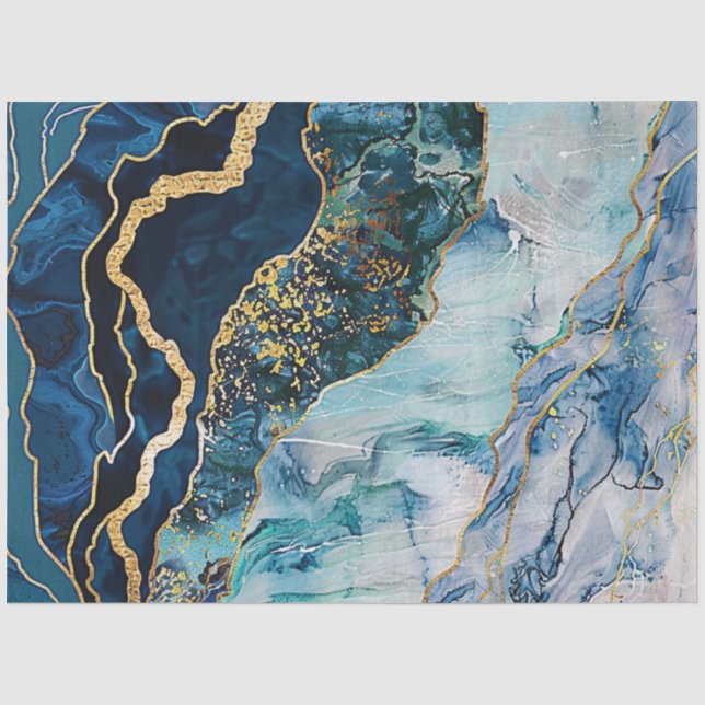 Papier Mousseline Découpage Faux Finish Marble Effet Blue Gold (Recto)