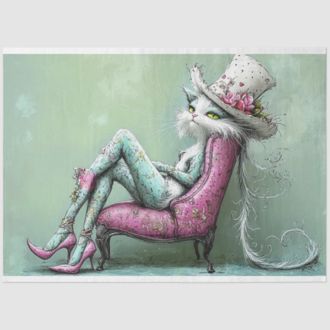 Papier Mousseline Découpage Féline fantaisiste Whimsical dans le sal (Recto)