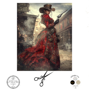 Papier Mousseline Découpage Femme Gunslinger Robe Ornementale Rouge