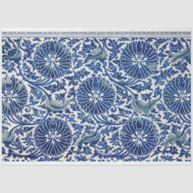 Papier Mousseline Découpage floral bleu et blanc (Recto)