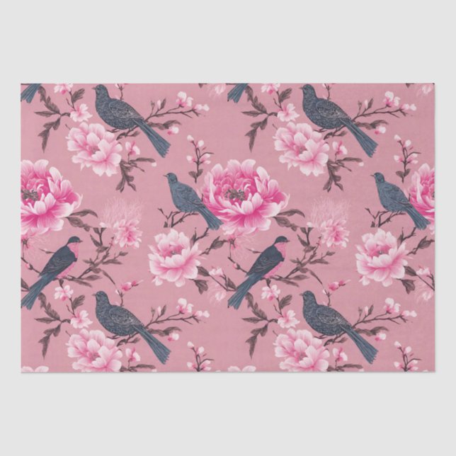 Papier Mousseline Découpage floral d'oiseau rose (Recto)