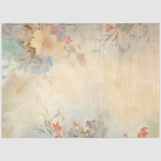 Papier Mousseline Découpage Floral Tan Vermillion bleu pâle jaune | (Recto)