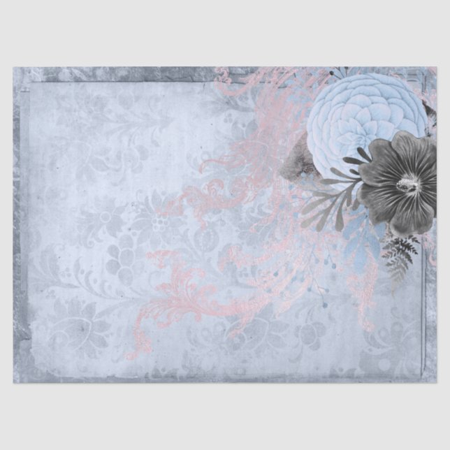 Papier Mousseline Découpage florale bleu et gris (Recto)