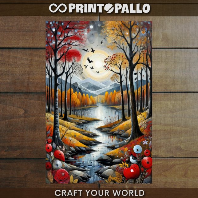 Papier Mousseline Découpage - Forêt d'automne, rivière et lune - (Créateur téléchargé)