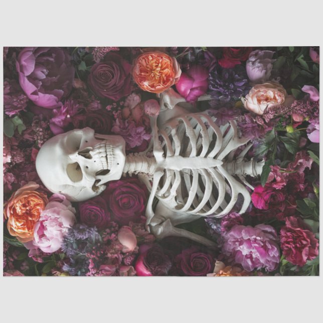 Papier Mousseline Découpage Gothique Skeleton Couple Peach Fleurs (Recto)
