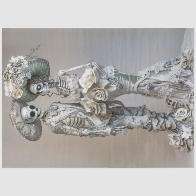 Papier Mousseline Découpage Gothique Squelette Couple Argent Attire (Recto)