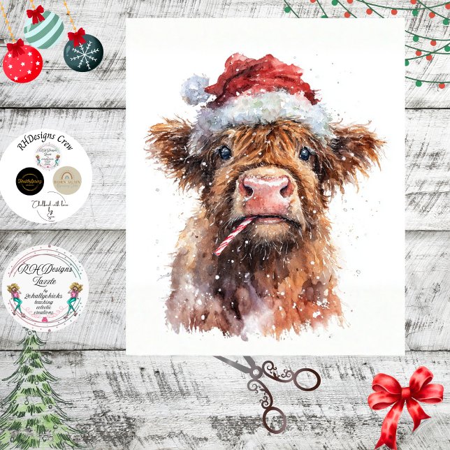 Papier Mousseline Decoupage Highland Calf Santa Hat Candy Cane Snow  (Créateur téléchargé)