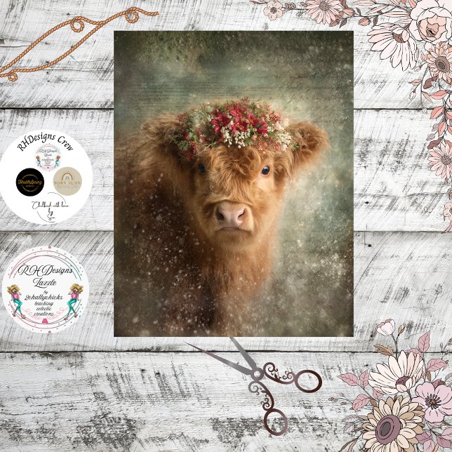 Papier Mousseline Decoupage Highland Calf Winter Floral Art  (Créateur téléchargé)